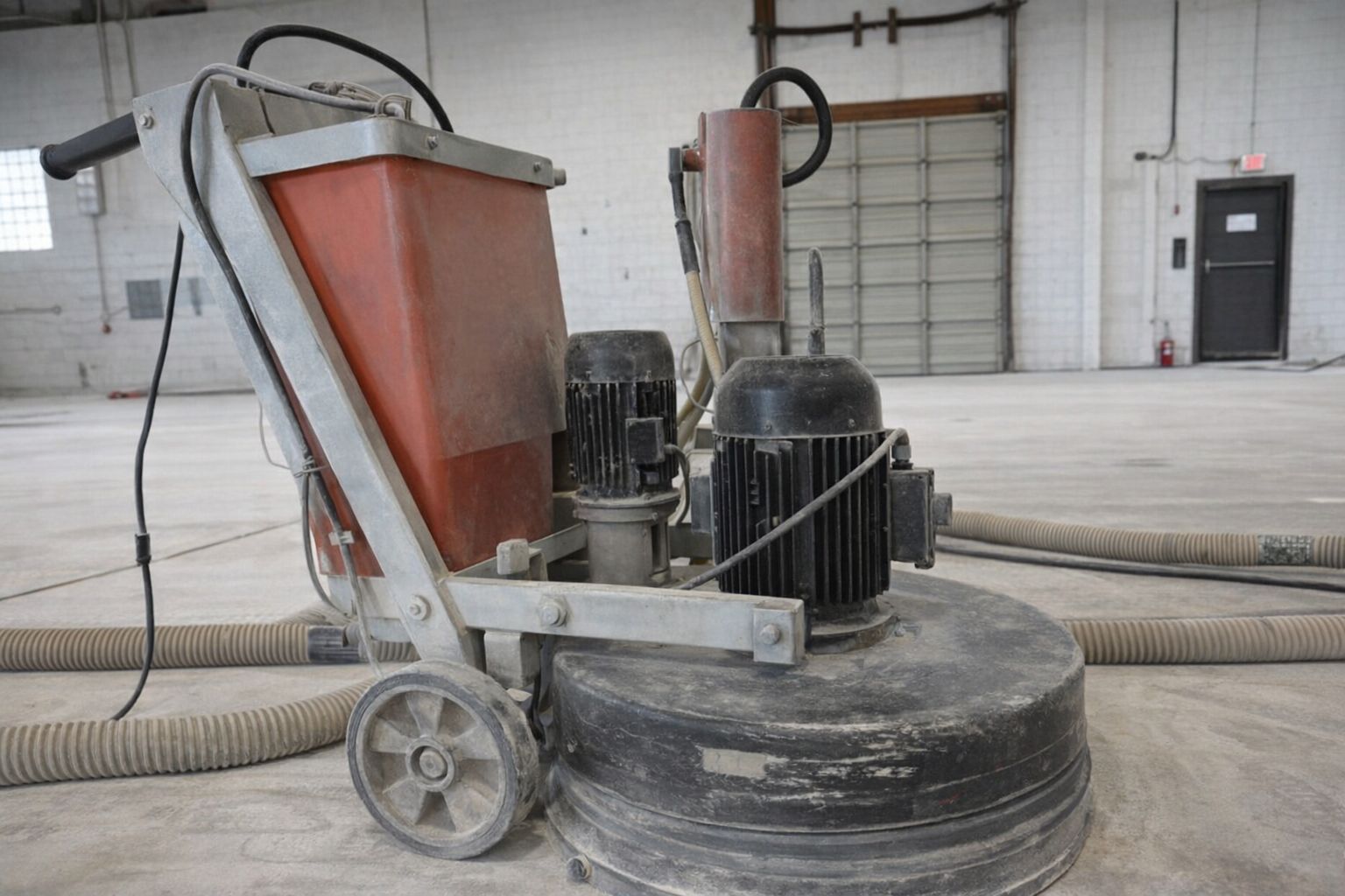 En profesjonell betongslipemaskin på et stort industrigulv.