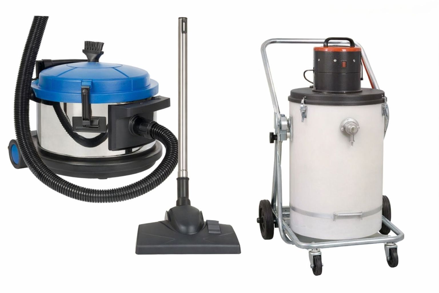 To forskjellige typer industristøvsugere til profesjonelt bruk på betonggulv.